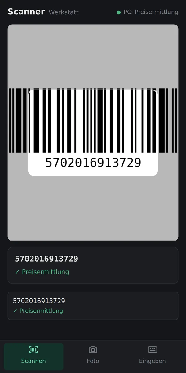 Scanner-App auf dem Handy mit gelesenem Strichcode