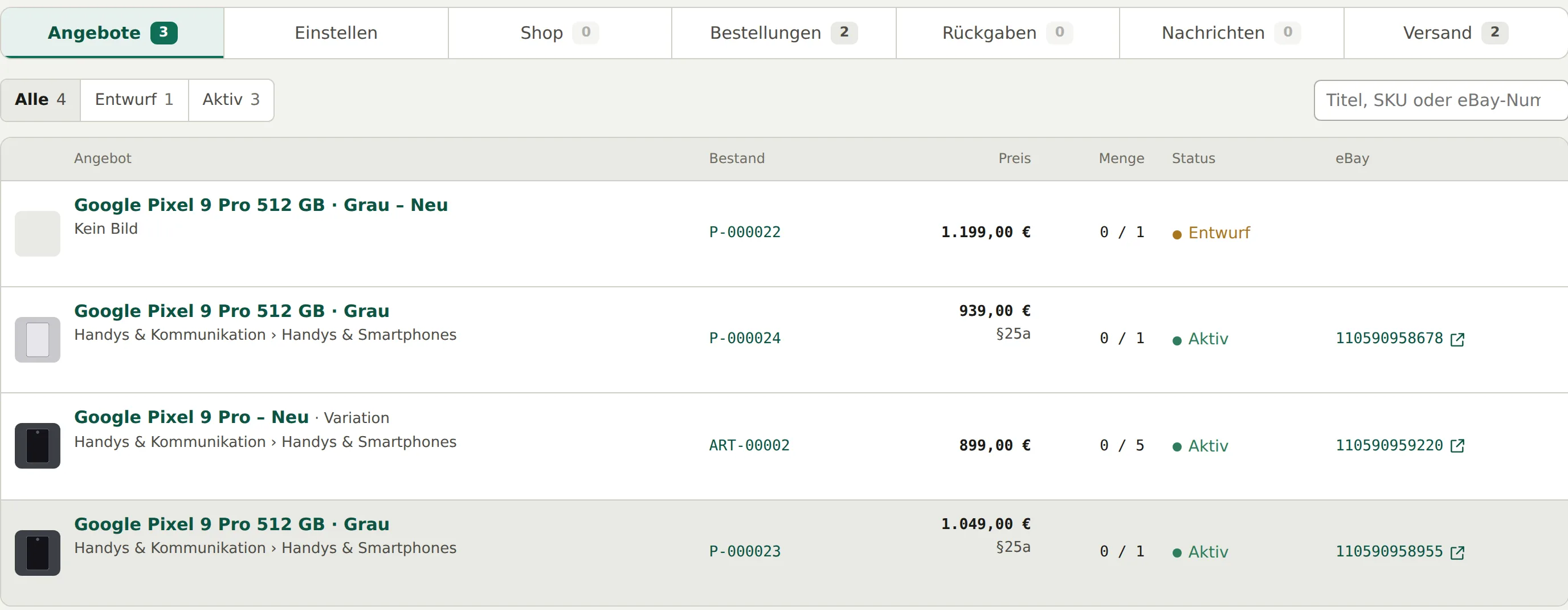 Verkaufsübersicht mit Angeboten, Shop, Bestellungen, Rückgaben und Versand
